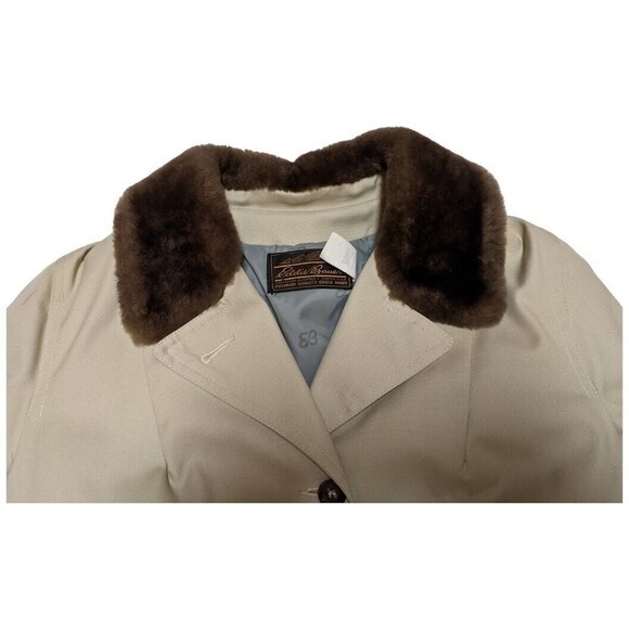 Vintage Eddie Bauer Womens Trench Coat Faux Fur Collar Made USA Black Tag - Picture 2 of 13